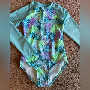 Cat & Jack Blue and Pink Leaf Print Swimsuit